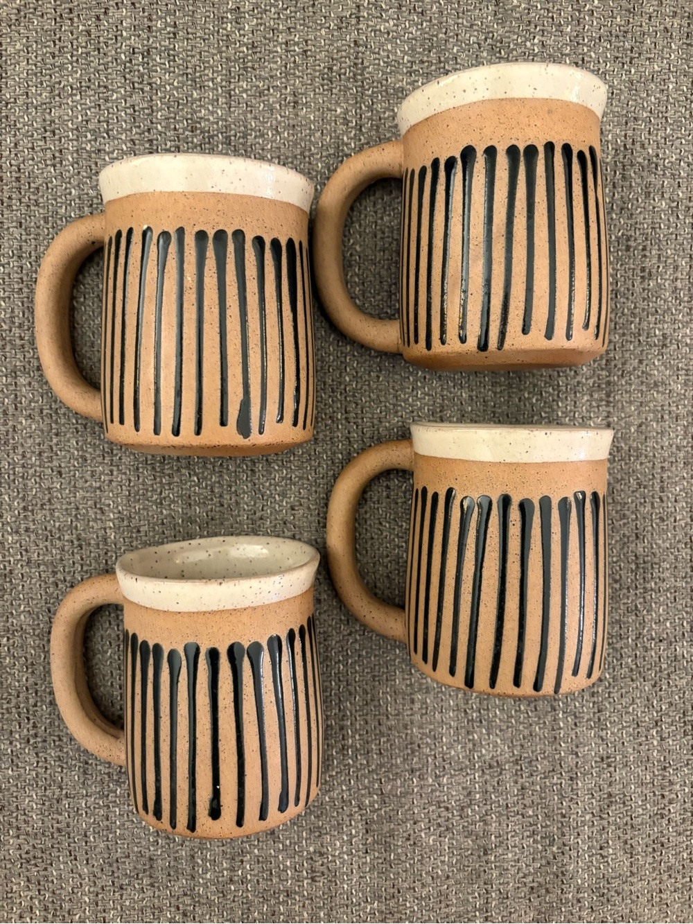 Set of 4 Artisan Hand-Thrown Stoneware Striped Drip Glaze Coffee Mugs